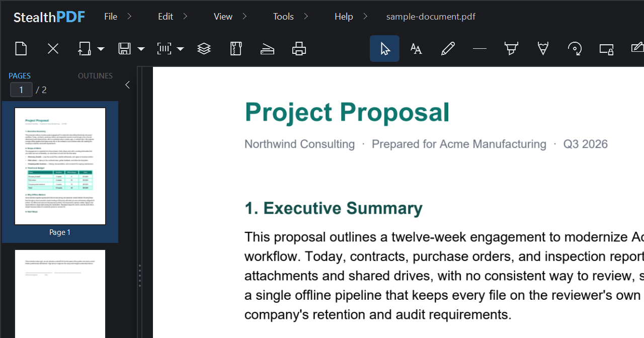 StealthPDF open on Windows: a page-thumbnail sidebar, the editing toolbar, and a document being read in the main view — all running locally.
